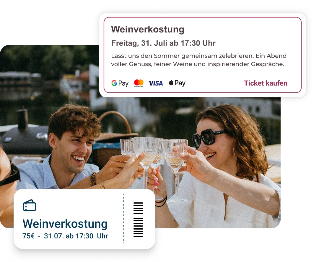 Buchungsseite für eine Weinverkostung mit Zahlungsoptionen und Link zum Ticketkauf sowie digitalem Ticket mit QR-Code