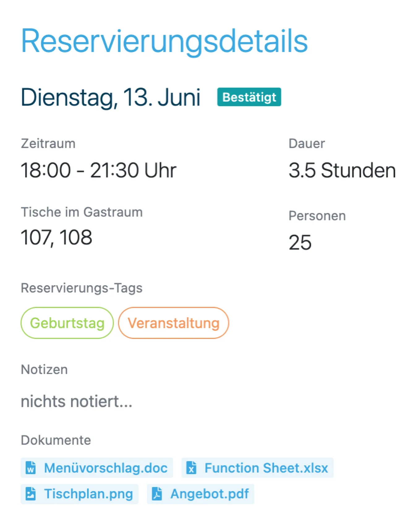 Interne Detailansicht einer Reservierung für Gastronomen mit Datum, Uhrzeit, Gästeanzahl, Tisch und angehängten Dokumenten