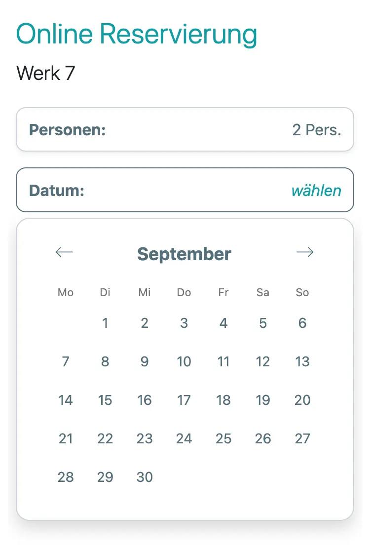 Widget für die Online-Reservierung mit Datums- und Personenauswahl auf der Restaurant-Website